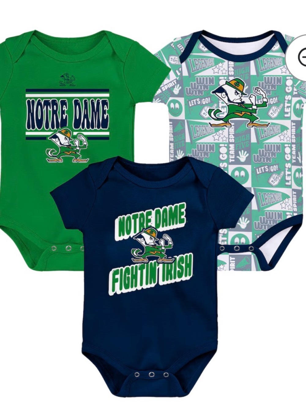 Notre Dame Baby Bodysuit Trio - Green, Navy & Teal, 9-12M